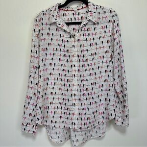 Jane and Delancey Bird Print Blouse Quirky Button Front Shirt M Artsy Whimsical